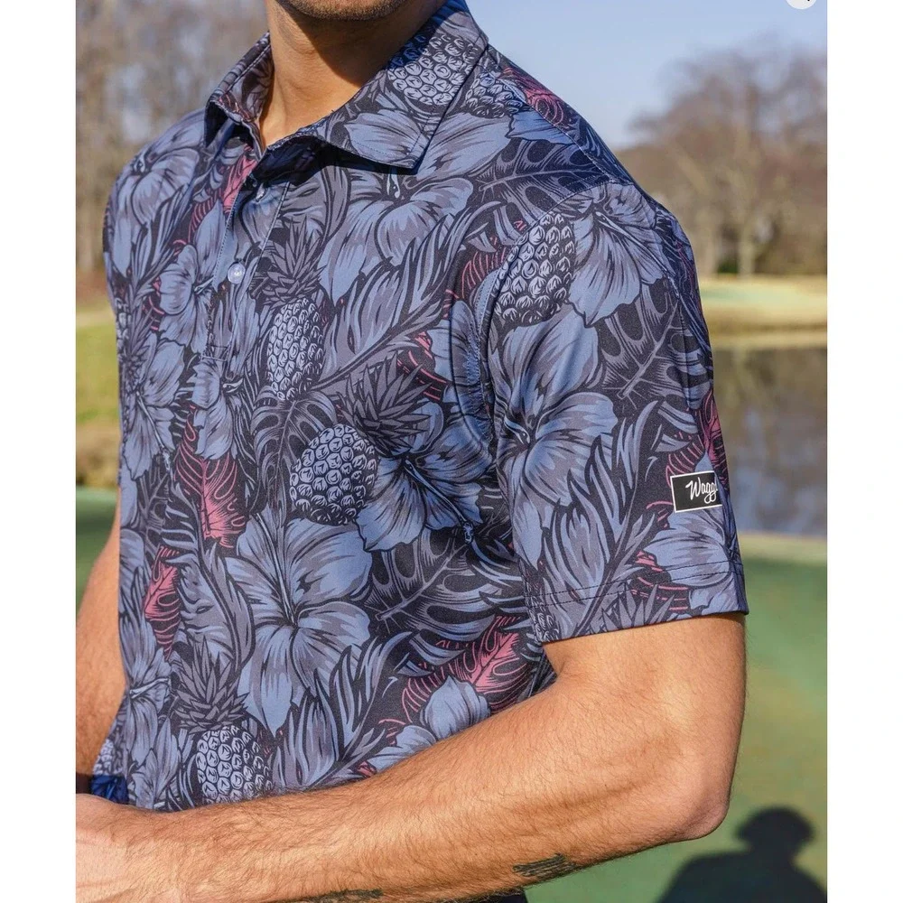 Waggle Men's Tropical Twilight Short Sleeve Performance Polo, Navy Black,2XL - Picture 3 of 12